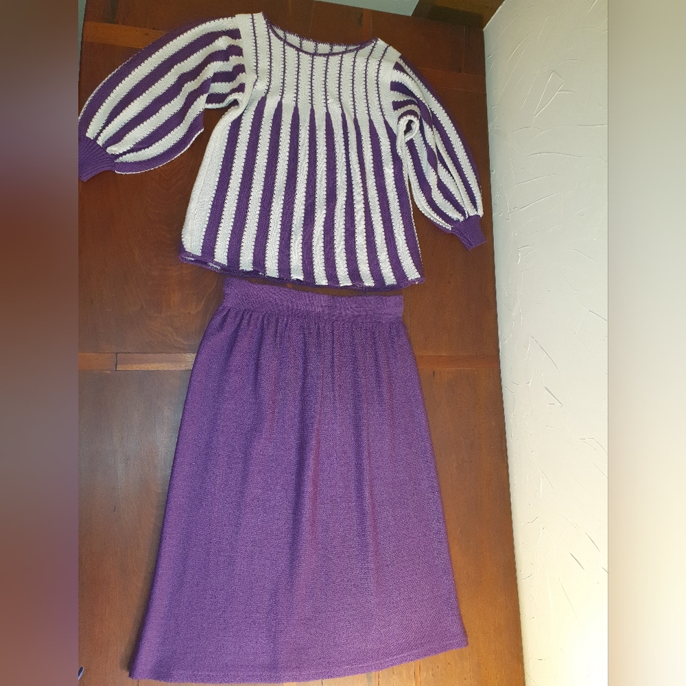 Vintage 80s Purple and White Striped Knit Top with Solid Purple Skirt Set